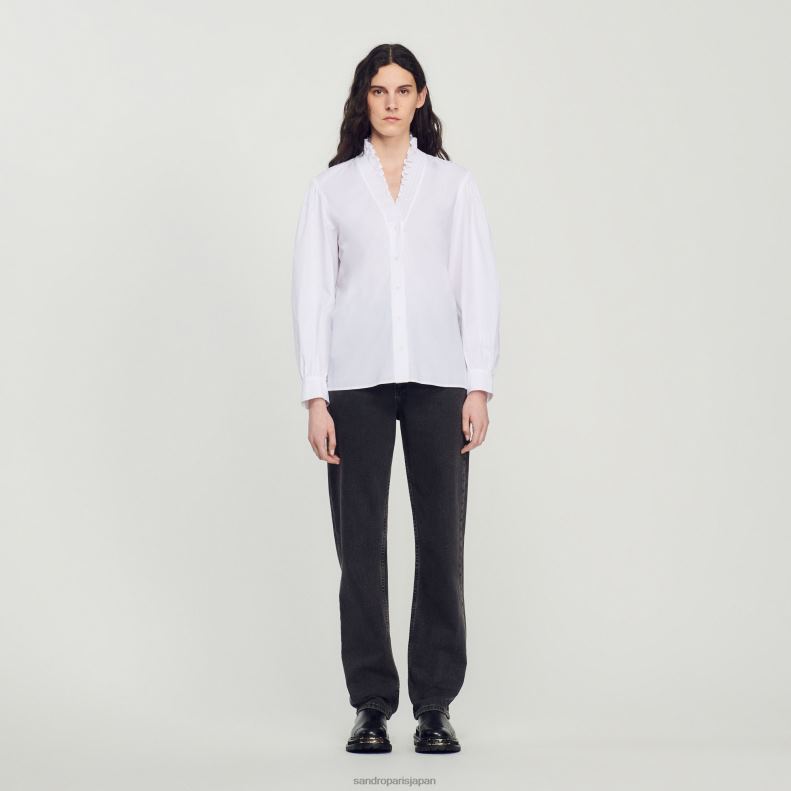 jp Sandro Paris 女性 派手な襟付きのコットンシャツ 白 20D4B142 衣服