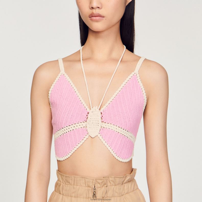 jp Sandro Paris 女性 かぎ針編みのバタフライトップ ピンク 20D4B154 衣服