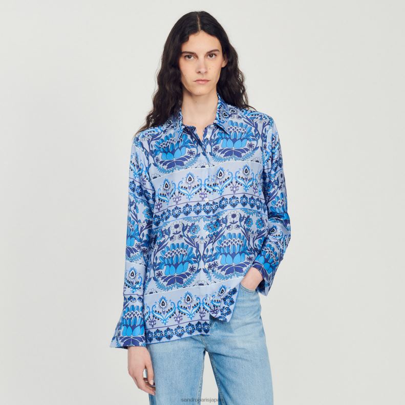 jp Sandro Paris 女性 プリントシルクシャツ 青 20D4B172 衣服