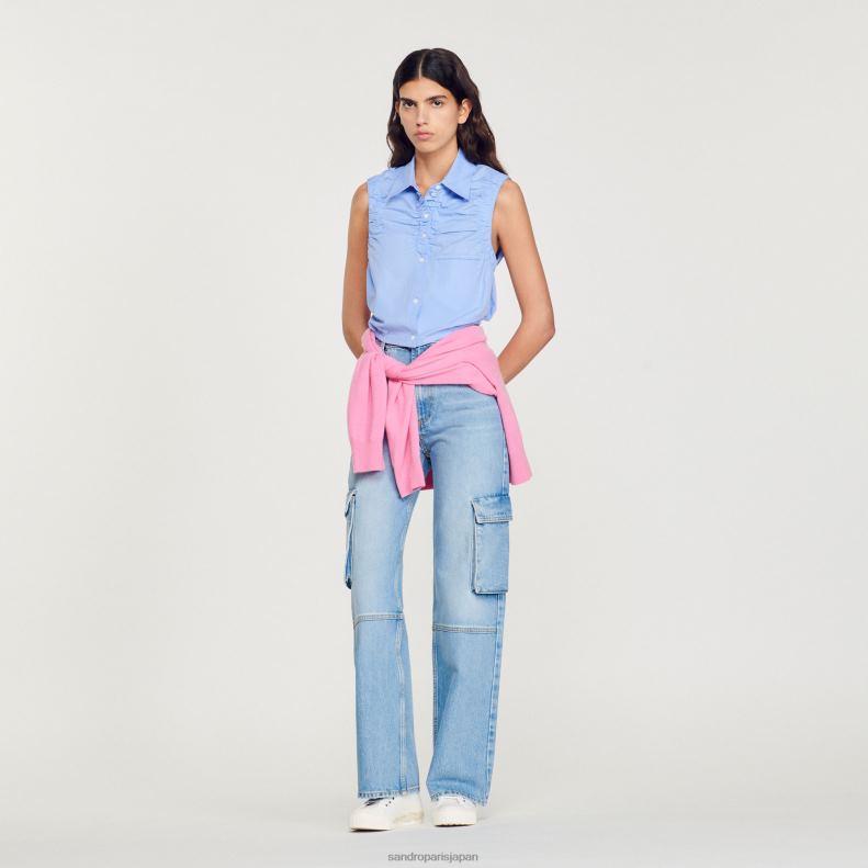jp Sandro Paris 女性 クロップドノースリーブシャツ 青 20D4B194 衣服