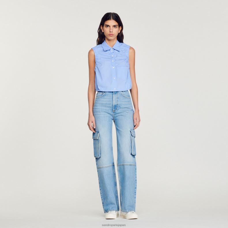 jp Sandro Paris 女性 クロップドノースリーブシャツ 青 20D4B194 衣服