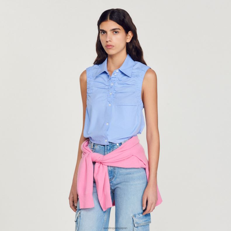 jp Sandro Paris 女性 クロップドノースリーブシャツ 青 20D4B194 衣服