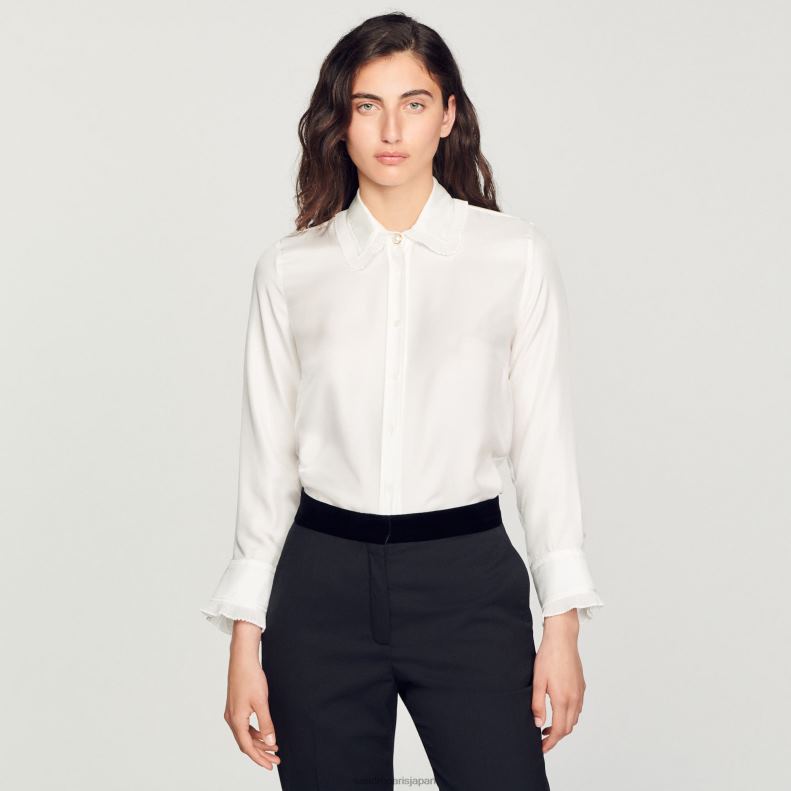 jp Sandro Paris 女性 プリーツトリム付きシルクシャツ 生成り 20D4B199 衣服