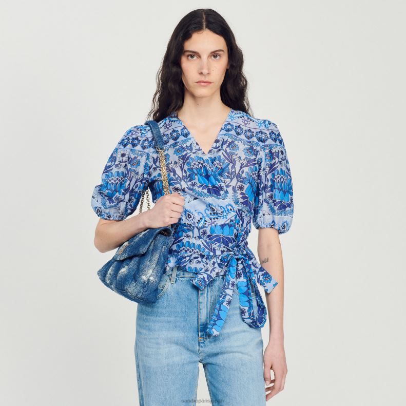 jp Sandro Paris 女性 クロップドプリントラップトップ 青 20D4B211 衣服