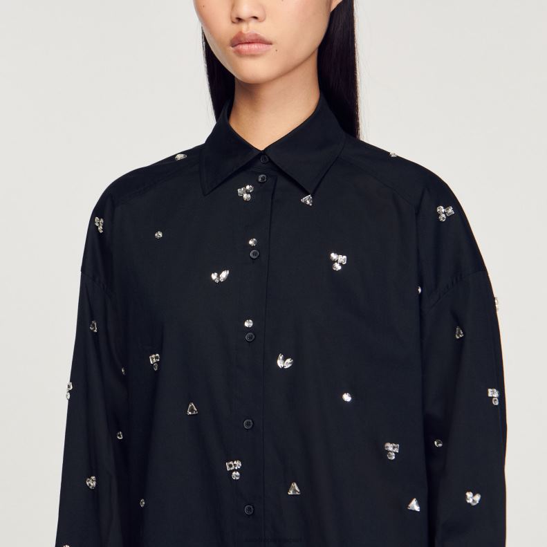 jp Sandro Paris 女性 手刺繍 シャツ 黒 20D4B235 衣服