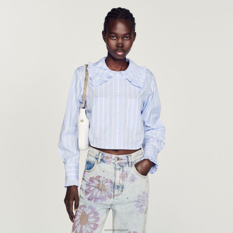 jp Sandro Paris 女性 大きな襟のクロップドシャツ 白青 20D4B315 衣服