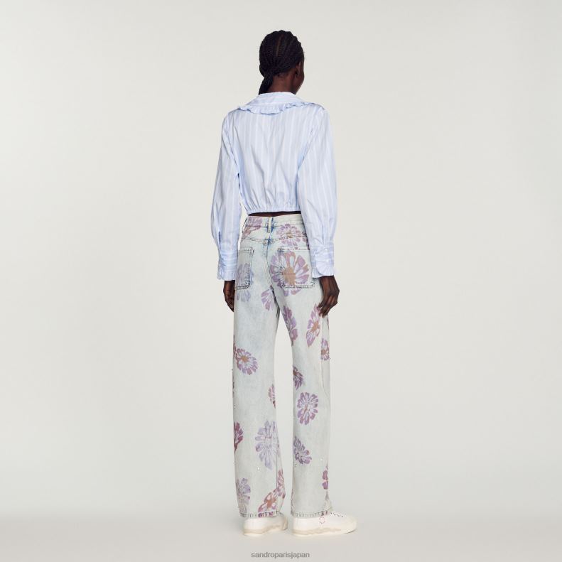 jp Sandro Paris 女性 大きな襟のクロップドシャツ 白青 20D4B315 衣服