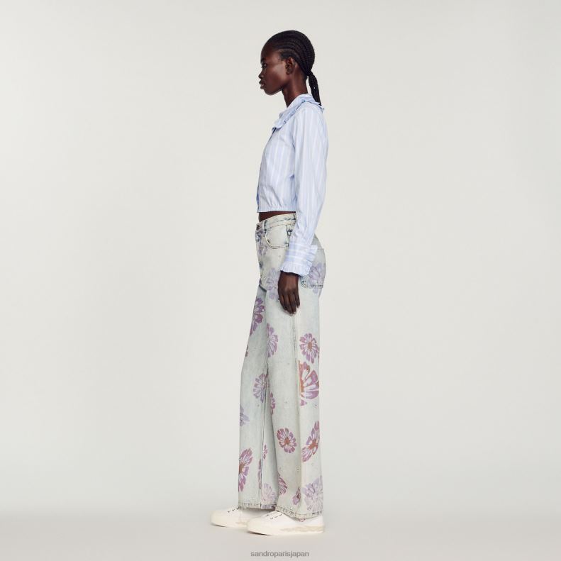 jp Sandro Paris 女性 大きな襟のクロップドシャツ 白青 20D4B315 衣服