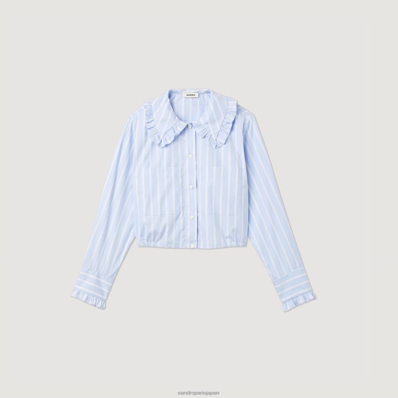 jp Sandro Paris 女性 大きな襟のクロップドシャツ 白青 20D4B315 衣服