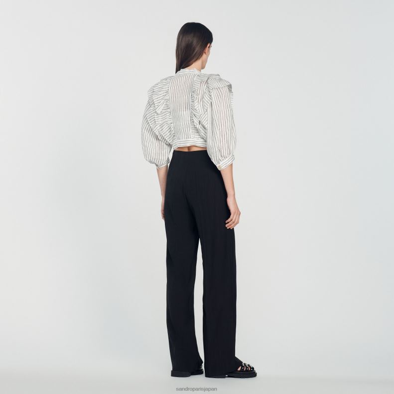 jp Sandro Paris 女性 ストライプのクロップドリネントップ 白黒 20D4B338 衣服
