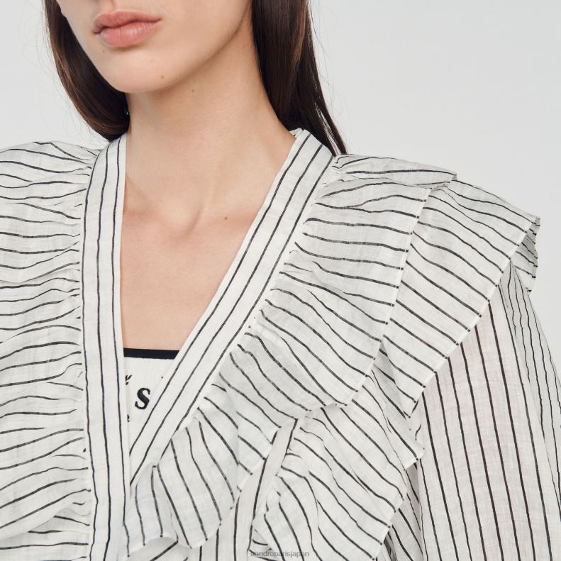 jp Sandro Paris 女性 ストライプのクロップドリネントップ 白黒 20D4B338 衣服