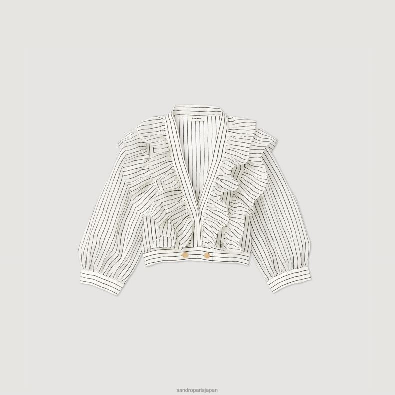 jp Sandro Paris 女性 ストライプのクロップドリネントップ 白黒 20D4B338 衣服