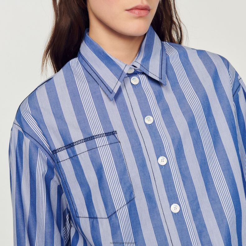 jp Sandro Paris 女性 クロップドストライプシャツ ブルー/ホワイト 20D4B408 衣服