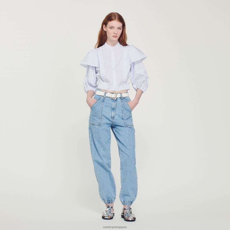 jp Sandro Paris 女性 クロップドストライプシャツ 白青 20D4B84 衣服