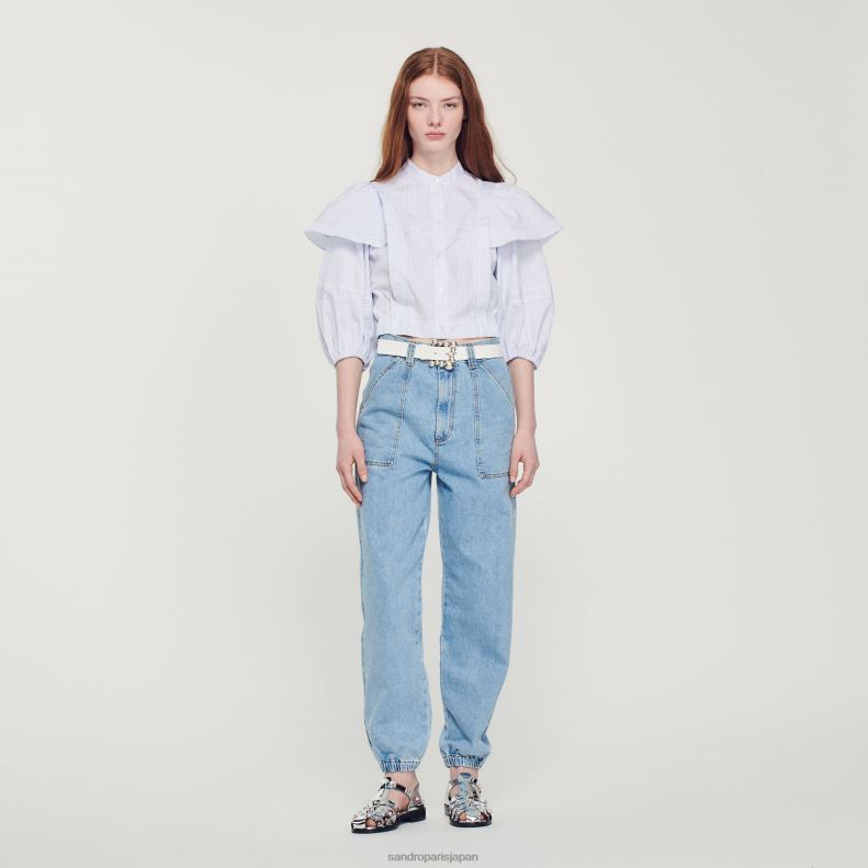 jp Sandro Paris 女性 クロップドストライプシャツ 白青 20D4B84 衣服
