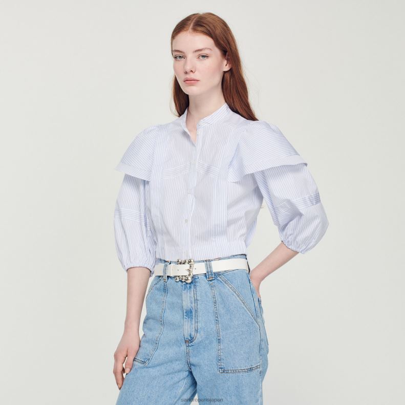 jp Sandro Paris 女性 クロップドストライプシャツ 白青 20D4B84 衣服