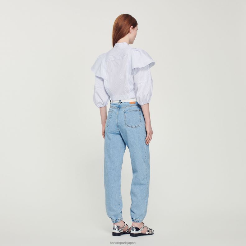 jp Sandro Paris 女性 クロップドストライプシャツ 白青 20D4B84 衣服