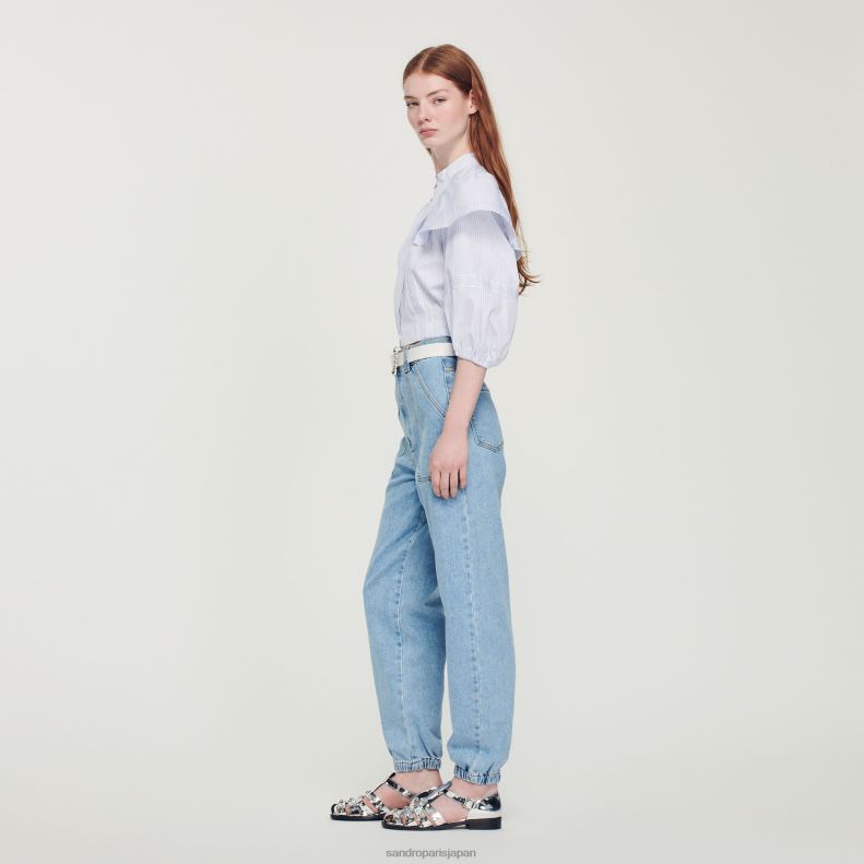 jp Sandro Paris 女性 クロップドストライプシャツ 白青 20D4B84 衣服