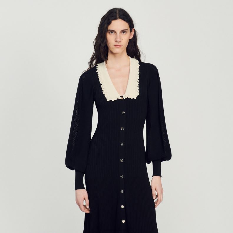 jp Sandro Paris 女性 長袖のロングドレス 黒 20D4B103 衣服