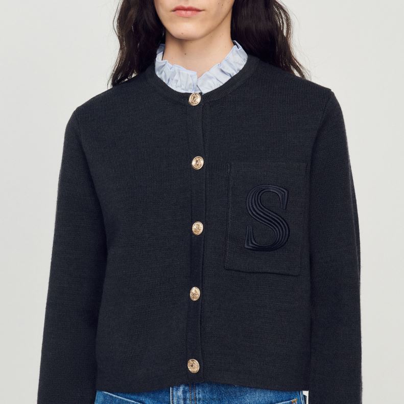 jp Sandro Paris 女性 刺繍ポケット付きニットカーディガン チャコールグレー 20D4B119 衣服