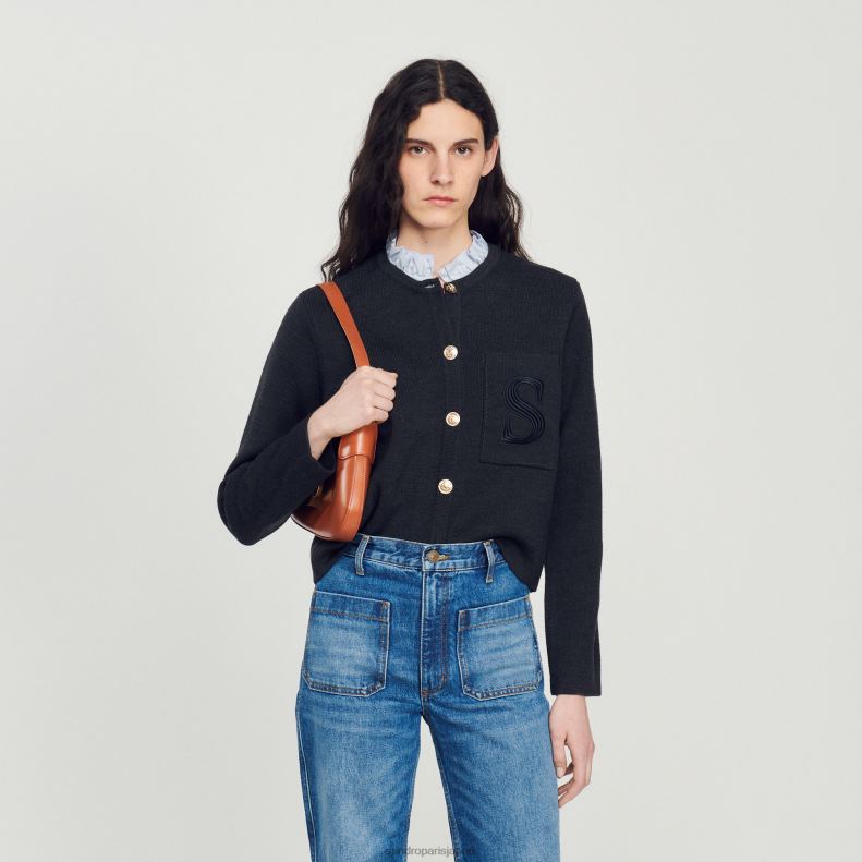 jp Sandro Paris 女性 刺繍ポケット付きニットカーディガン チャコールグレー 20D4B119 衣服