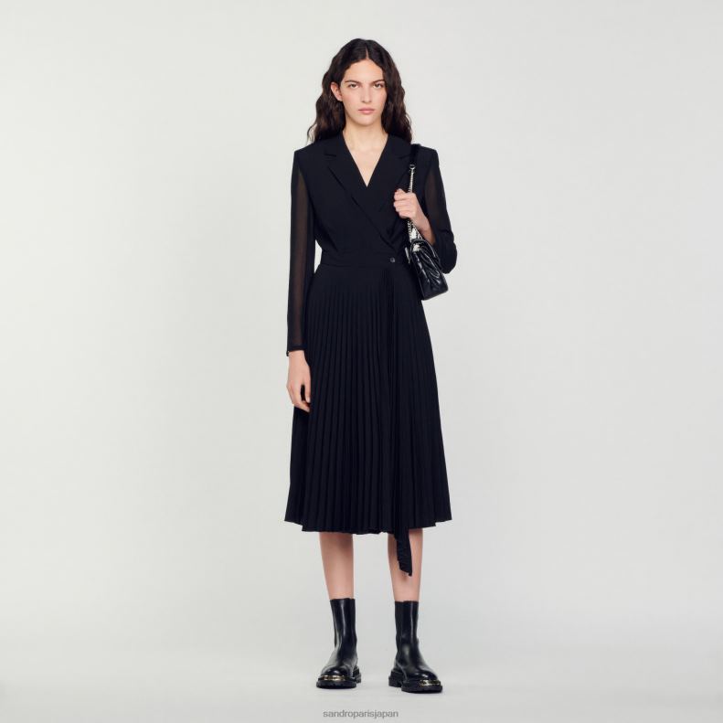jp Sandro Paris 女性 デュアル素材 長袖ドレス 黒 20D4B121 衣服