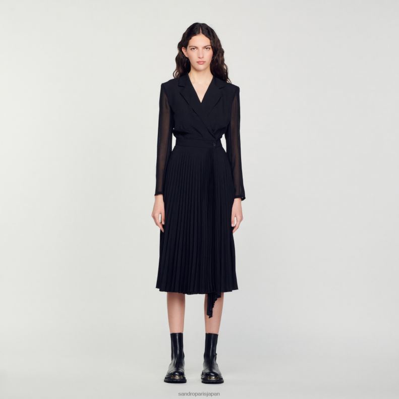 jp Sandro Paris 女性 デュアル素材 長袖ドレス 黒 20D4B121 衣服