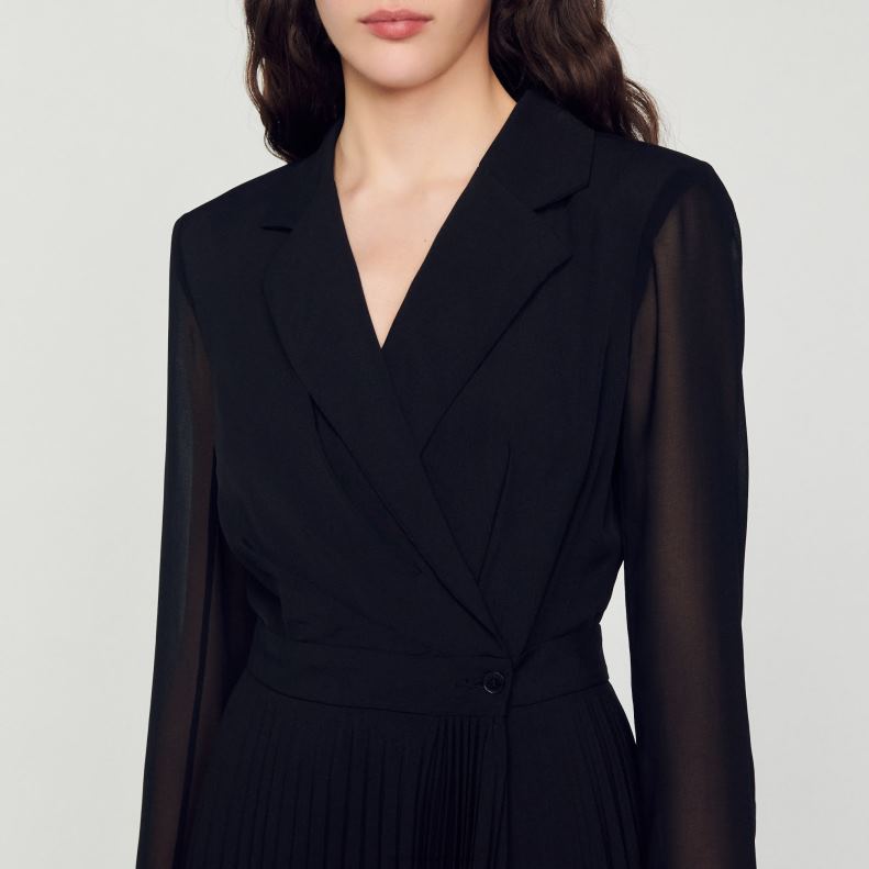 jp Sandro Paris 女性 デュアル素材 長袖ドレス 黒 20D4B121 衣服