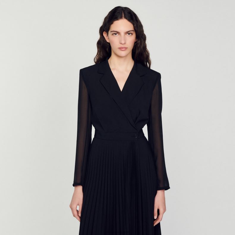 jp Sandro Paris 女性 デュアル素材 長袖ドレス 黒 20D4B121 衣服