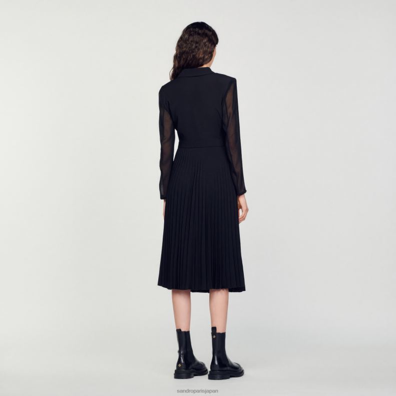 jp Sandro Paris 女性 デュアル素材 長袖ドレス 黒 20D4B121 衣服