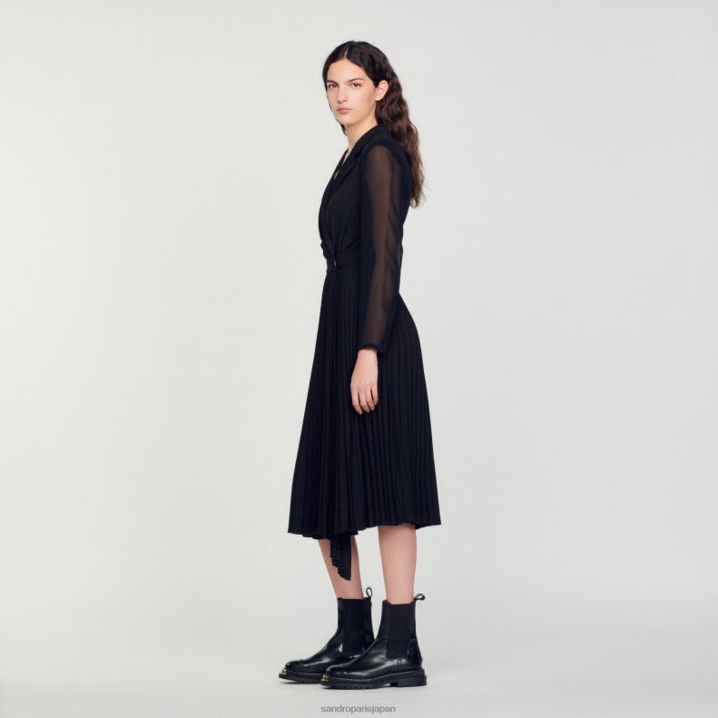 jp Sandro Paris 女性 デュアル素材 長袖ドレス 黒 20D4B121 衣服