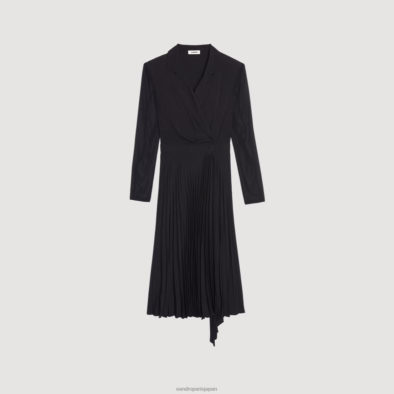 jp Sandro Paris 女性 デュアル素材 長袖ドレス 黒 20D4B121 衣服