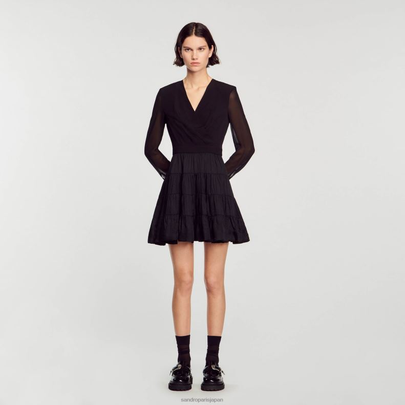 jp Sandro Paris 女性 流れるようなショート丈のデュアルファブリックドレス 黒 20D4B136 衣服