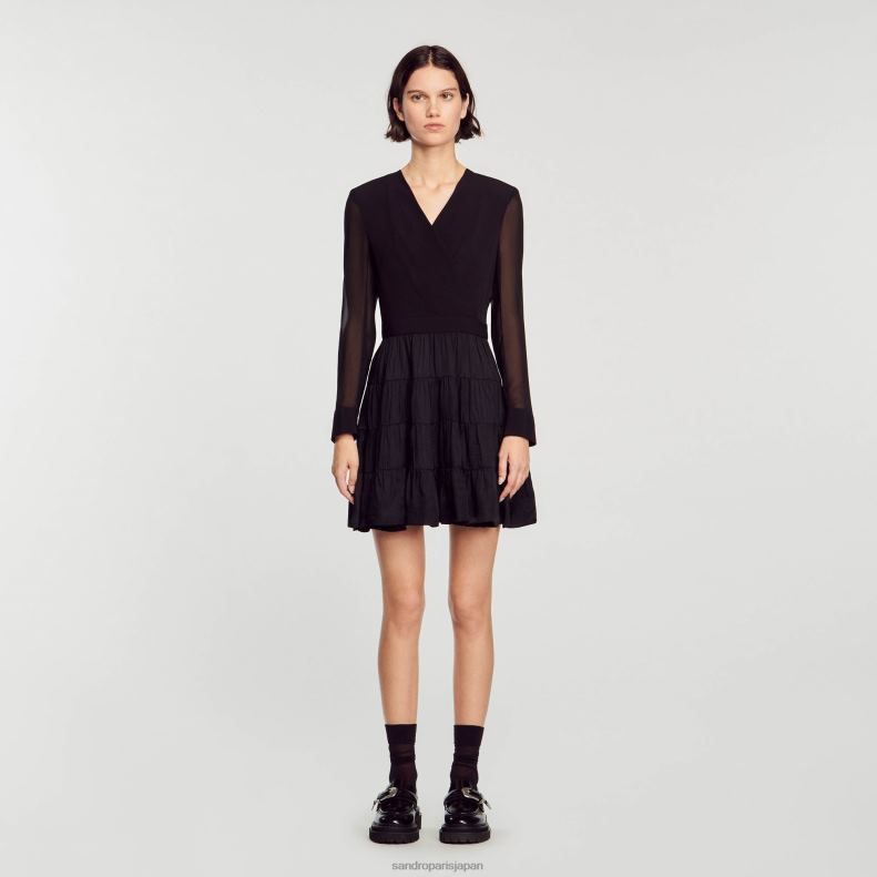 jp Sandro Paris 女性 流れるようなショート丈のデュアルファブリックドレス 黒 20D4B136 衣服