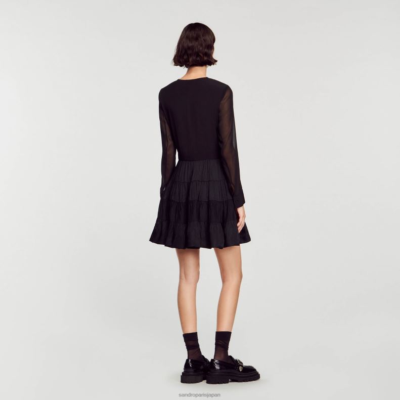 jp Sandro Paris 女性 流れるようなショート丈のデュアルファブリックドレス 黒 20D4B136 衣服