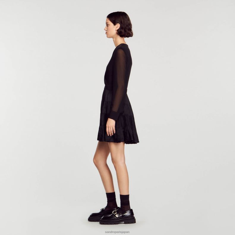 jp Sandro Paris 女性 流れるようなショート丈のデュアルファブリックドレス 黒 20D4B136 衣服