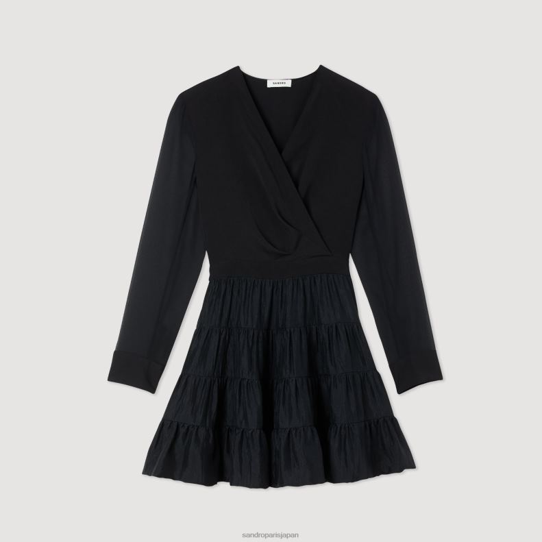 jp Sandro Paris 女性 流れるようなショート丈のデュアルファブリックドレス 黒 20D4B136 衣服