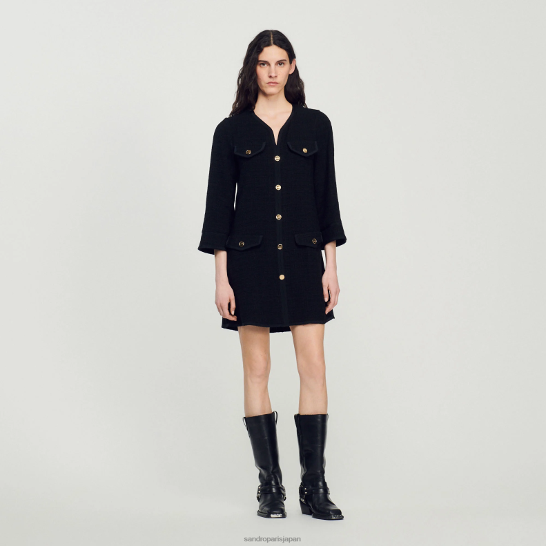 jp Sandro Paris 女性 長袖ショートツイードドレス 黒 20D4B156 衣服