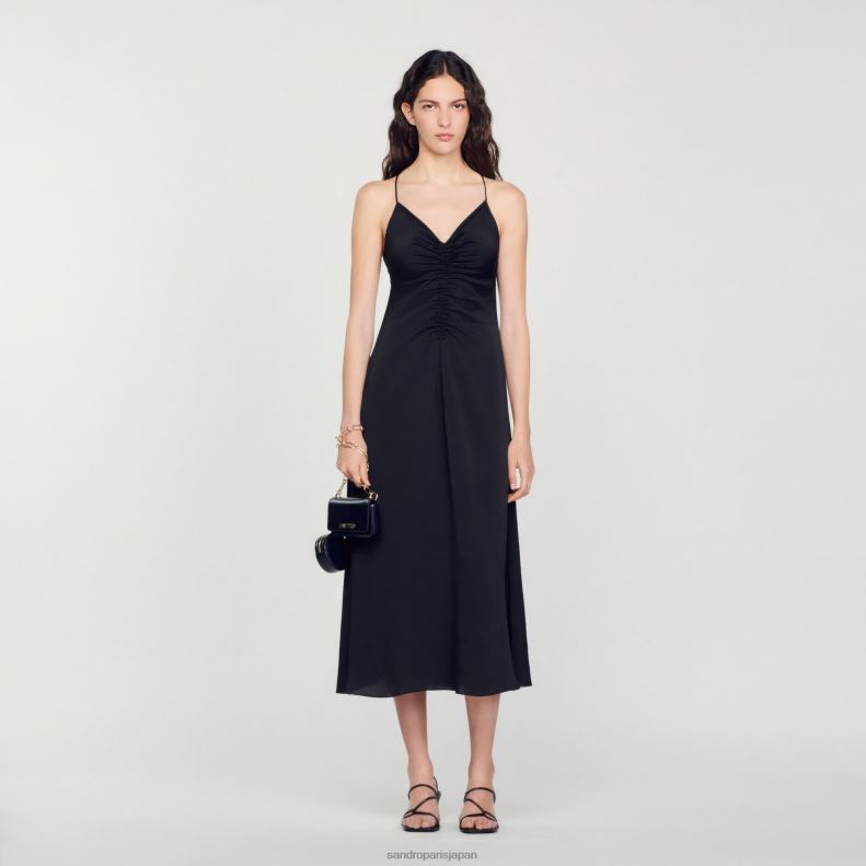 jp Sandro Paris 女性 細いストラップが付いたロングドレス 黒 20D4B165 衣服