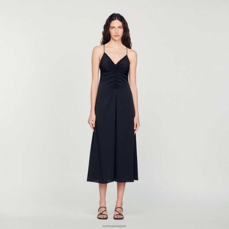 jp Sandro Paris 女性 細いストラップが付いたロングドレス 黒 20D4B165 衣服