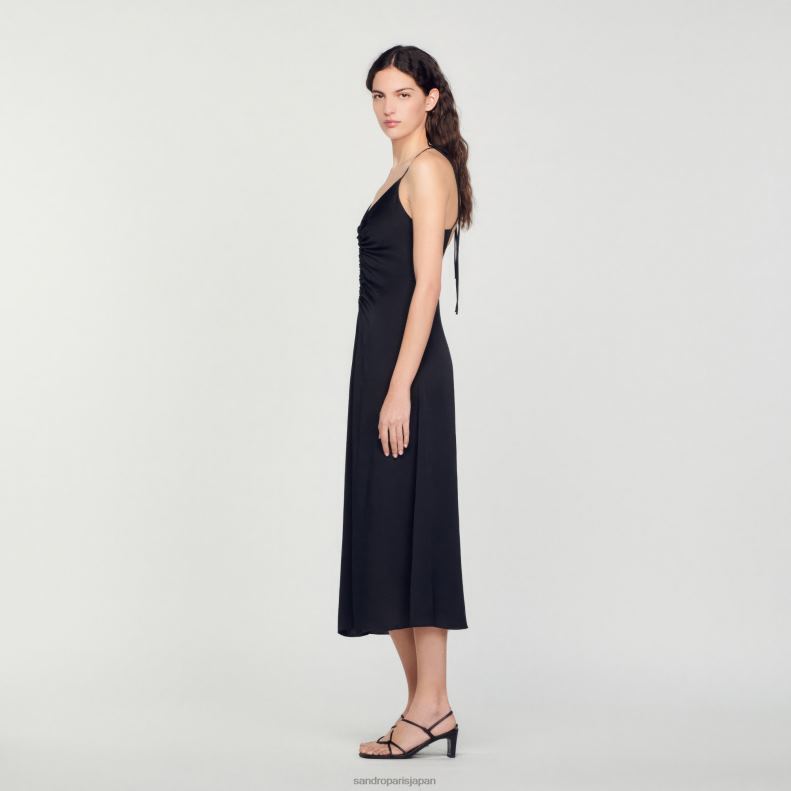 jp Sandro Paris 女性 細いストラップが付いたロングドレス 黒 20D4B165 衣服