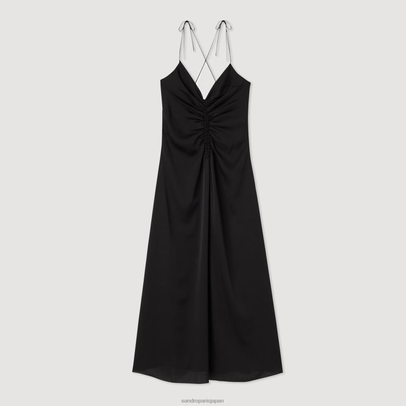 jp Sandro Paris 女性 細いストラップが付いたロングドレス 黒 20D4B165 衣服
