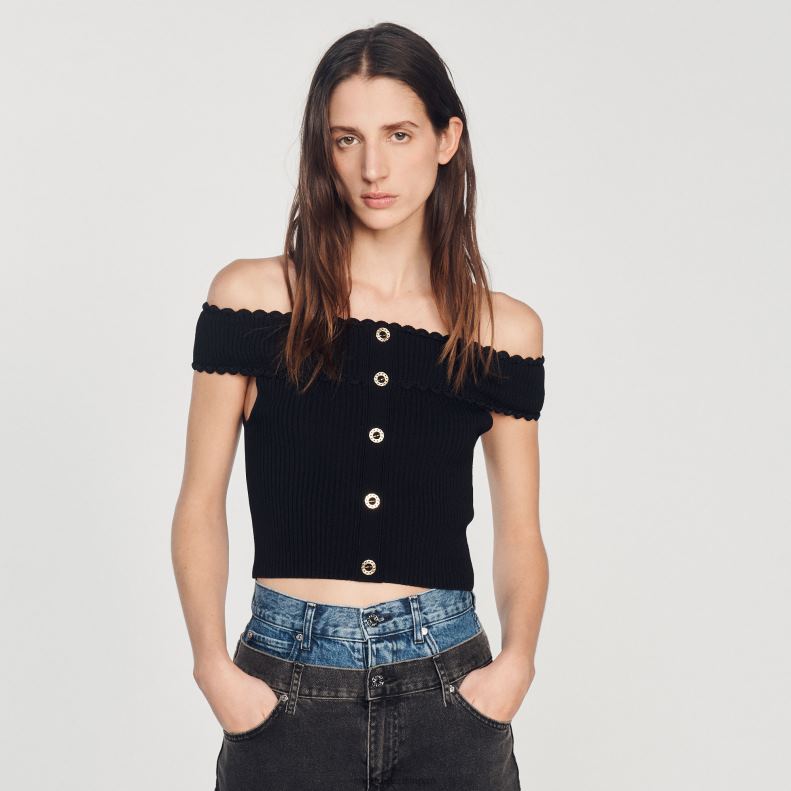 jp Sandro Paris 女性 クロップドニットトップ 黒 20D4B180 衣服