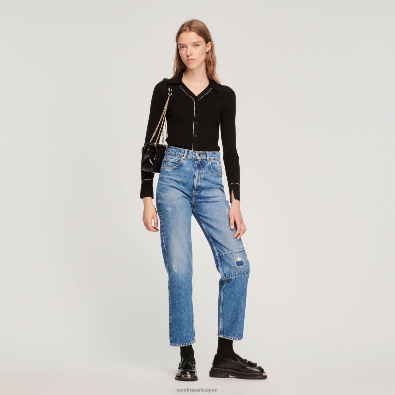 jp Sandro Paris 女性 トップステッチ ファインニット カーディガン 黒 20D4B214 衣服