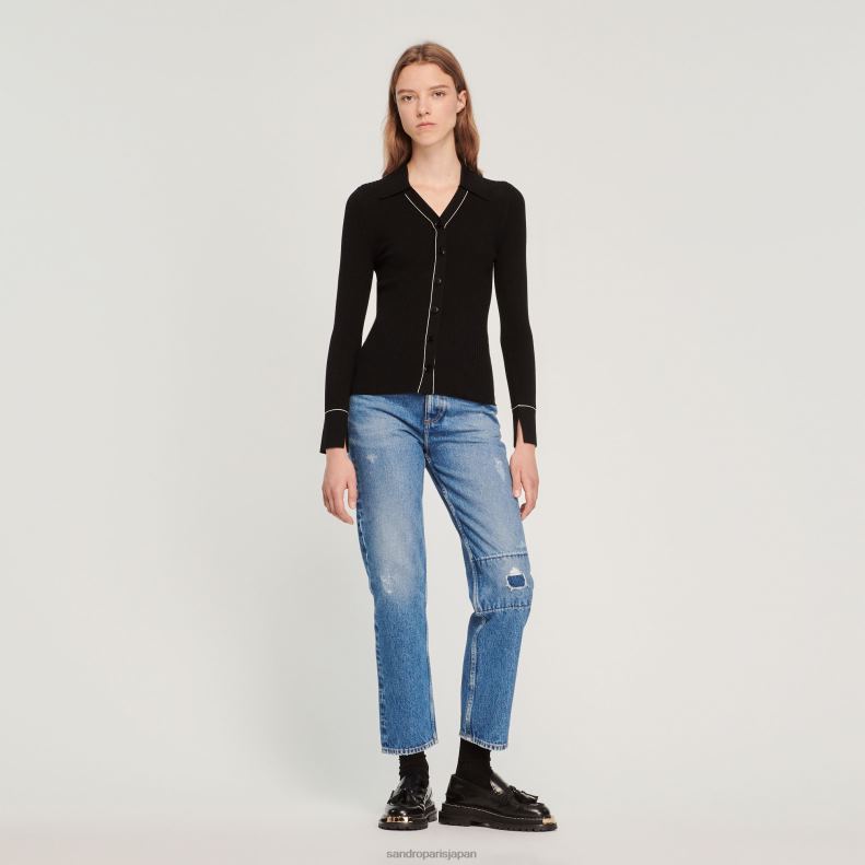 jp Sandro Paris 女性 トップステッチ ファインニット カーディガン 黒 20D4B214 衣服
