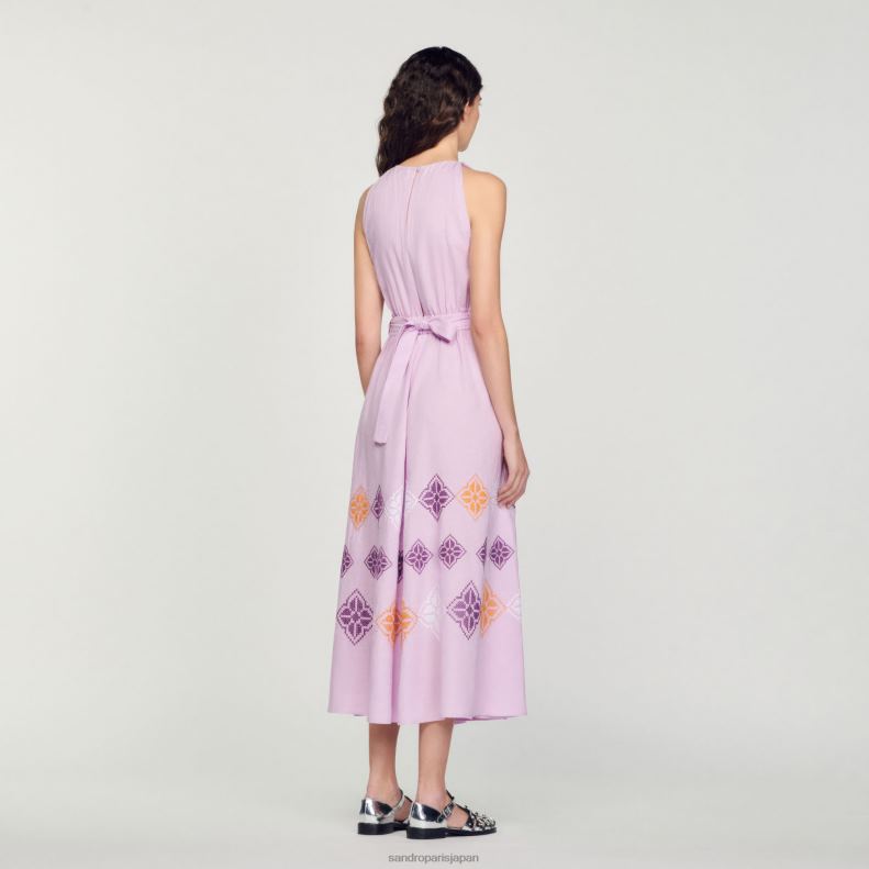 jp Sandro Paris 女性 刺繍入りリネンロングドレス 藤色 20D4B220 衣服