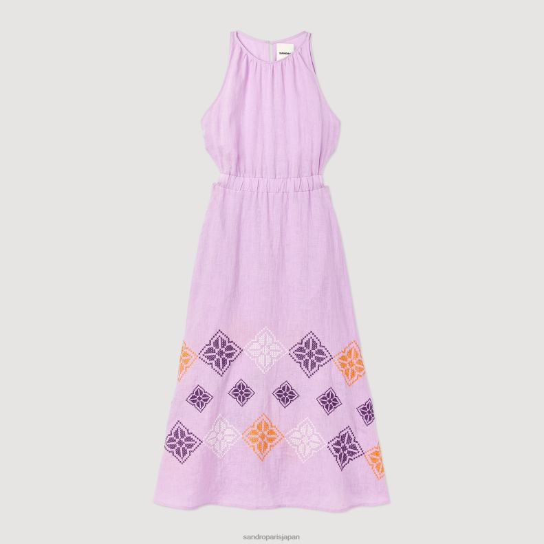 jp Sandro Paris 女性 刺繍入りリネンロングドレス 藤色 20D4B220 衣服