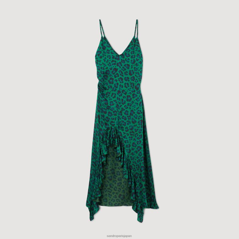 jp Sandro Paris 女性 レオパードプリント スリットドレス 緑 20D4B22 衣服