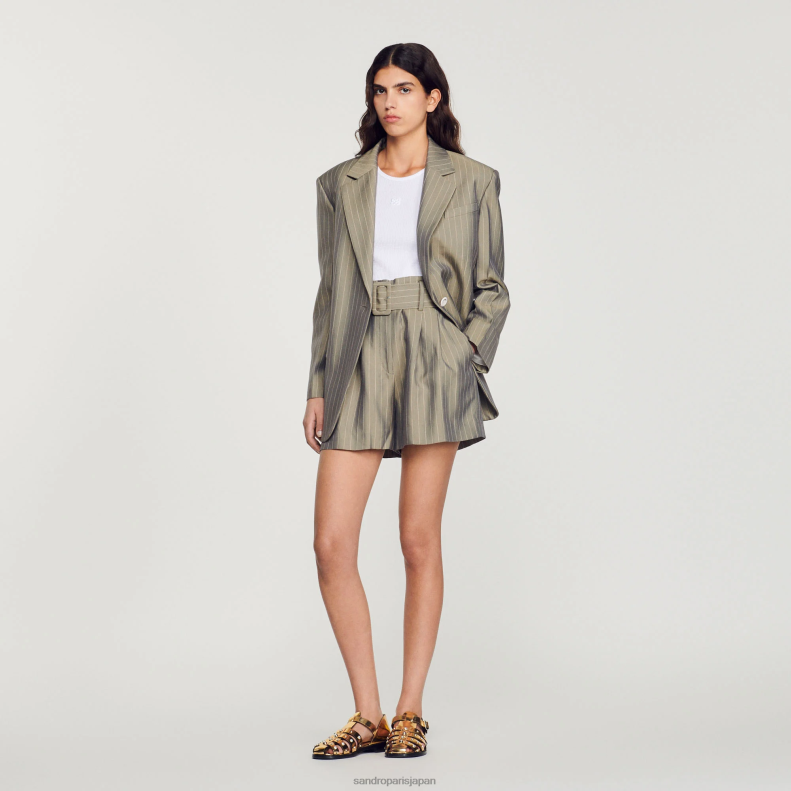 jp Sandro Paris 女性 ストライプのショートパンツ オリーブグリーン 20D4B230 衣服