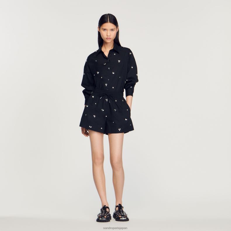 jp Sandro Paris 女性 手刺繍 ショートパンツ 黒 20D4B236 衣服